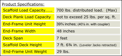 39¾ inches; (40⅛ in. with coupler)  Deck Plank Load Capacity not to exceed 25 lbs. per sq. ft. End-Frame Unit Height End-Frame Width 48 inches Deck Span 700 lbs. distributed load. (MAX) 700 lbs. distributed load. (MAX) 7 feet Scaffold Load Capacity……. 700 lbs. distributed load.  (Max) Scaffold Deck Height 7 ft. 6¾ in. (Leveler Jacks retracted) End-Frame Unit Weight 29 lbs. Product Specifications: