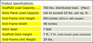 39¾ inches; (40⅛ in. with coupler)  Deck Plank Load Capacity not to exceed 25 lbs. per sq. ft. End-Frame Unit Height End-Frame Width 48 inches Deck Span 700 lbs. distributed load. (MAX) 700 lbs. distributed load. (MAX) 7 feet Scaffold Load Capacity……. 700 lbs. distributed load.  (Max) Scaffold Deck Height 7 ft. 7 in. (with leveler jacks retracted) End-Frame Unit Weight 29 lbs. Product Specifications:
